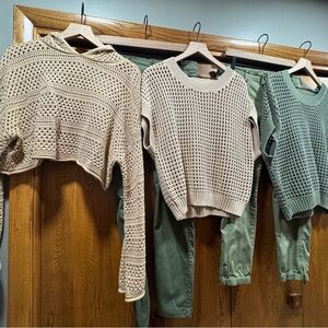 Three Neutral Beige and Green Mesh-style Tops